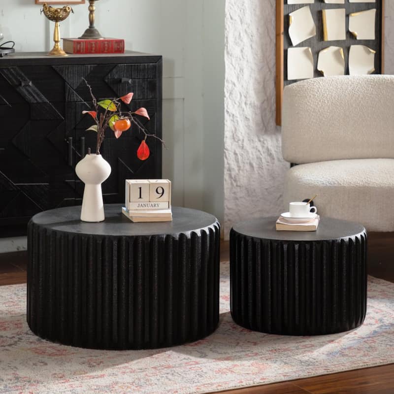 Black Scalloped Round Coffee Table Set: Nesting Design