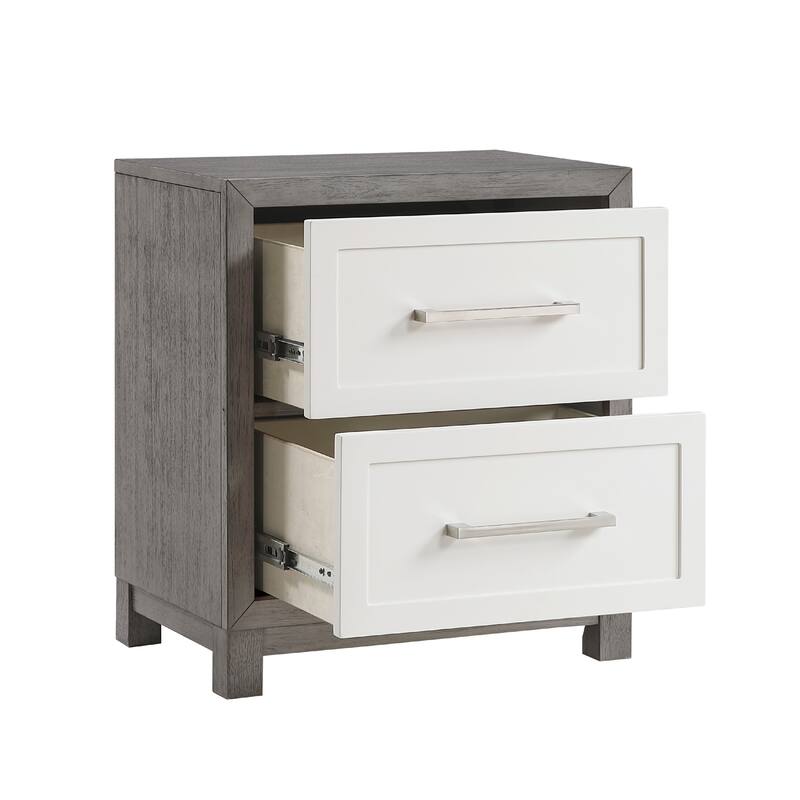 Rowy Nightstand, 2 Drawer Polished Bar Handles, Ivory and Gray Veneer