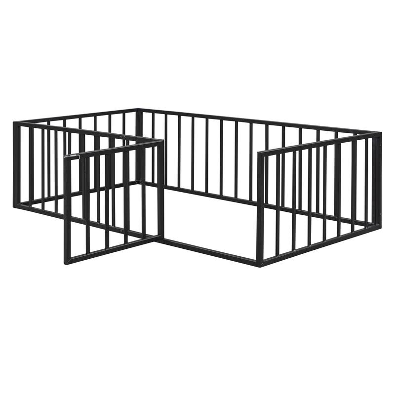 Twin Size Metal Floor Platform Bed Frame with Fence and Door, Fun and Sturdy Play Bed for Kids, Bedroom Furniture for Toddlers