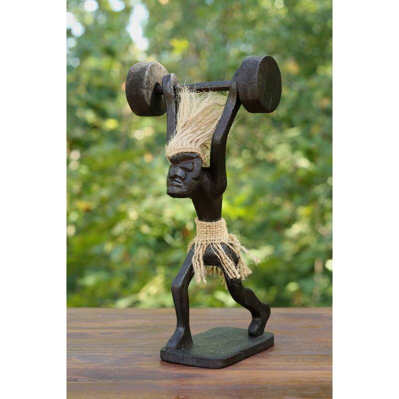 Handmade Wooden Primitive Tribal Weightlifting Funny Statue Sculpture Tiki Bar Handcrafted Unique Gift Decorative Decor