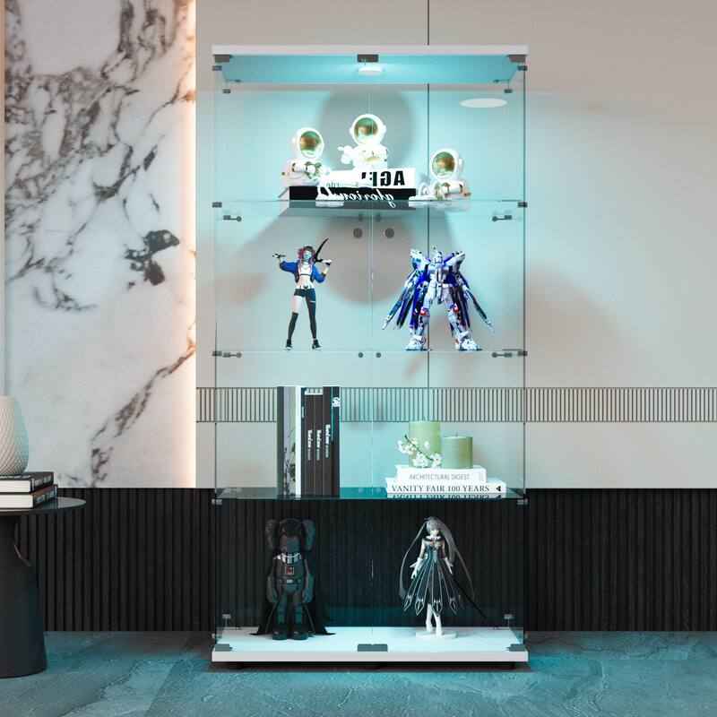 Two-Door LED Lights Glass Display Cabinet w/4 Shelves, Floor Standing Bookshelf for Living Room Bedroom Study or Collection Room