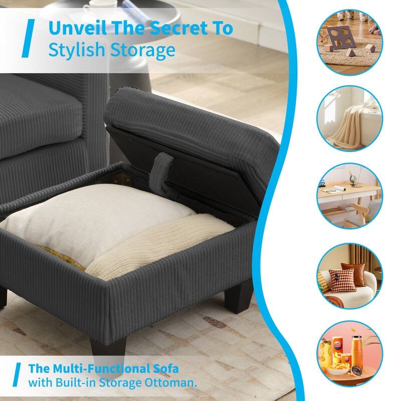 Mixoy 76'' L-Shaped Small Sofa Couch,3-Seater Corduroy Sectional Sofa with Storage Ottoman