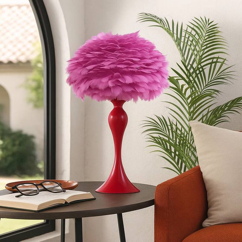 Lily 24 Inch Metal Glam Feather Table Lamp, Candlestick, 40W, Pink, Red