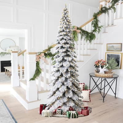 Glitzhome 7.5ft/9ft/12ft Pre-Lit Flocked Layered Spruce Artificial Christmas Trees