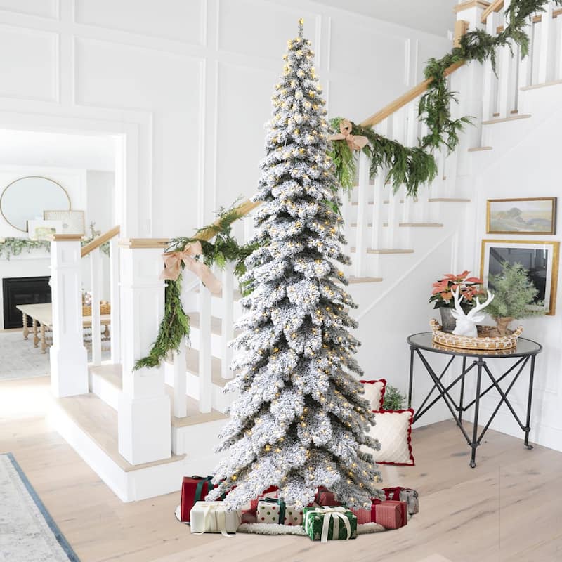 Glitzhome 7.5ft/9ft/12ft Pre-Lit Flocked Layered Spruce Artificial Christmas Trees - 12 Foot