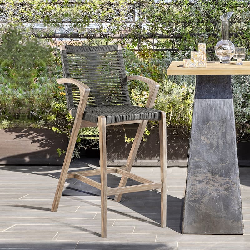 Brielle Solid Eucalyptus Wood and Rope Outdoor Patio Counter Height Bar Chair