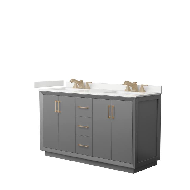 Strada 60-inch Double Vanity, Quartz Top - Dark Gray, Bronze Trim, White Quartz Top