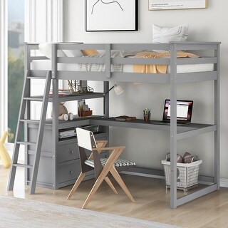 Cottage Modern Style Twin Size Loft Bed with Sloping Ladder,Built-in Desk and Shelves,Drawers for Storage,Sturdy Wood Frame