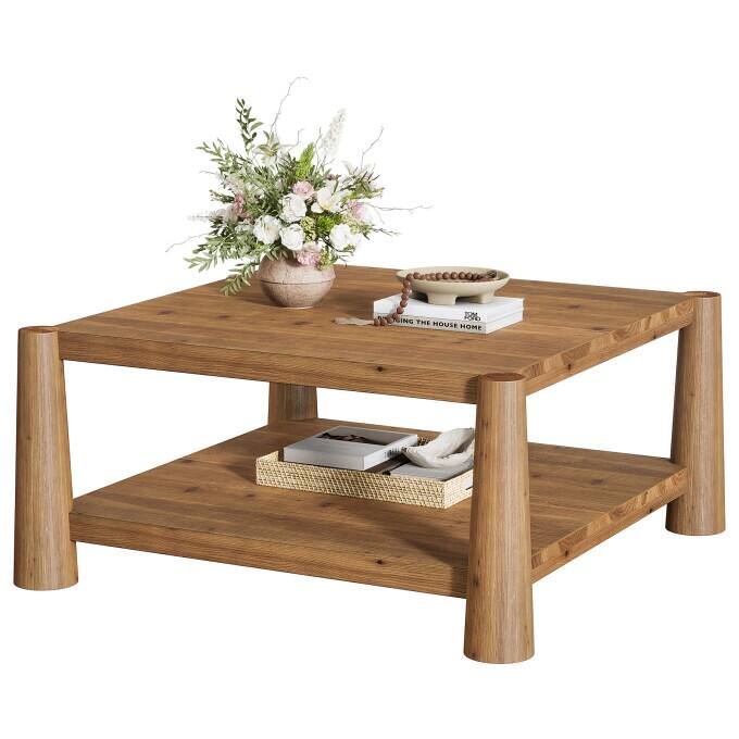 34" Rustic Solid Wood Coffee Table, Square Living Room Center Table