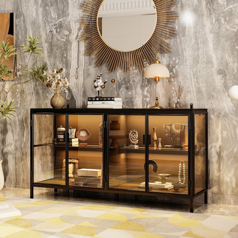 Black Metal & Glass Display Cabinet with LED Lights Accent Cabinet - 55.1"W