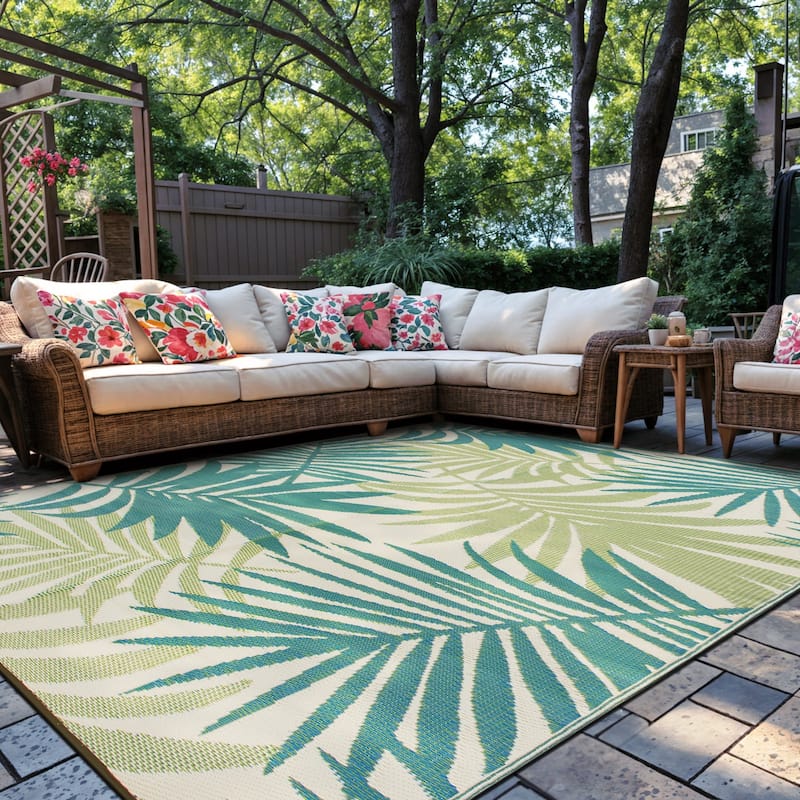Modern Floral Reversible Plastic Outdoor Rugs - 9' X 12'