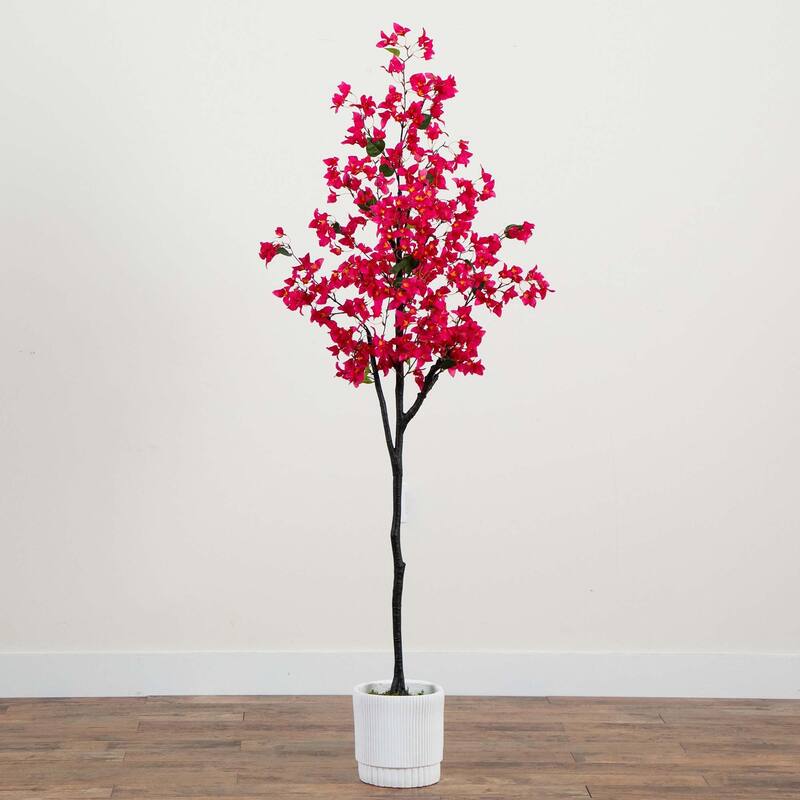 Bougainvillea Artificial Floral Tree with White Planter - 6' - Pink