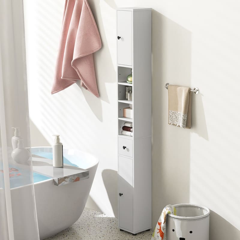 Gymax Tall Slim Bathroom Storage Cabinet Linen Tower w/ Drawer &