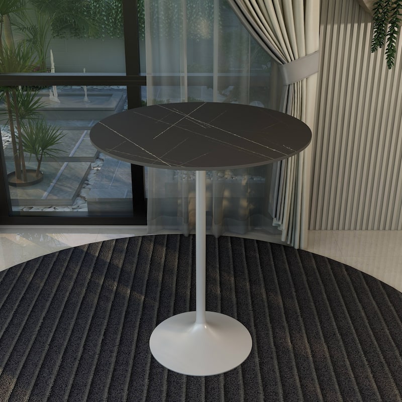 LeisureMod Verve 36" Bar Dining Table with Sintered Stone Round Top in White Steel, White Marbleized