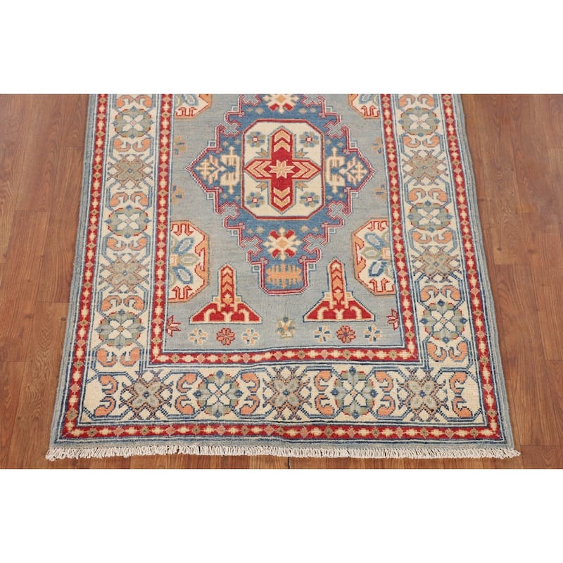 Geometric Blue Kazak Accent Rug Handmade Wool Carpet - 3'3" x 4'11"