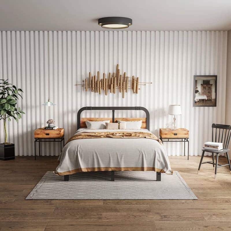 Black Metal Platform Bed Frame with Rustic Wood Headboard and Strong Steel Slats Under Bed Storage