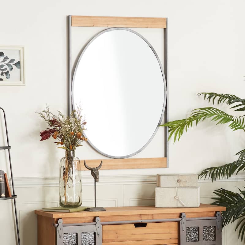 Brown Metal Wall Mirror with Wood Accents