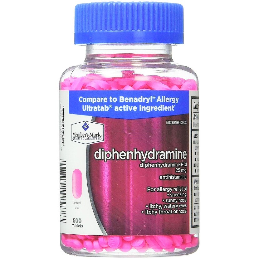 Member's Mark Diphenhydramine HCI 25 mg Antihistamine for Allergy Relief 600 Tablets Pink Member's Mark Diphenhydramine HCI 25 mg Antihistamine for Allergy Relief 600 Tablets Pink