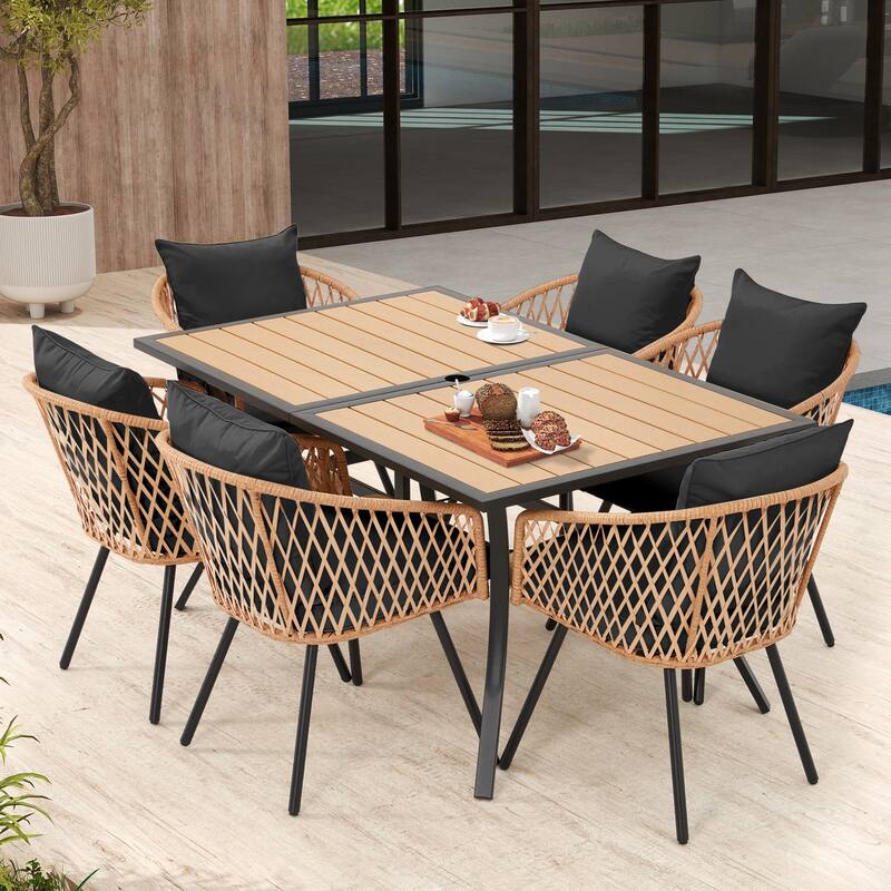EROMMY 7 Piece Outdoor Dining Set with Umbrella Hole, Patio Table and 6 Rattan Chairs with Cushions, Weather-Resistant Furniture