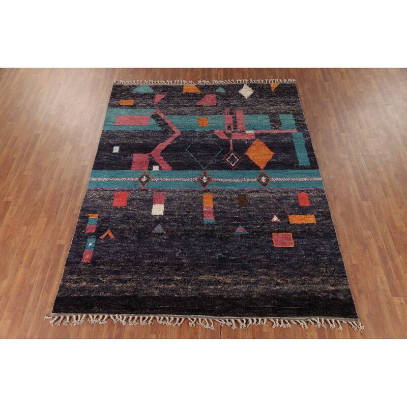Geometric Plush Moroccan Area Rug Handmade Tribal Wool Carpet - 8'0" x 10'5"