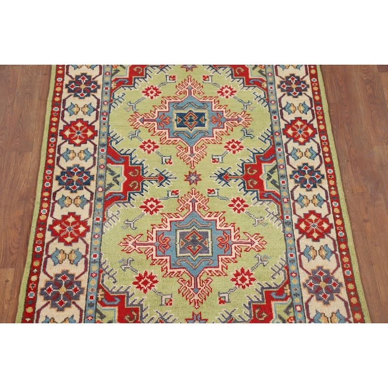 Pistachio Green Geometric Kazak Accent Rug Handmade Wool Carpet - 3'3" x 4'11"