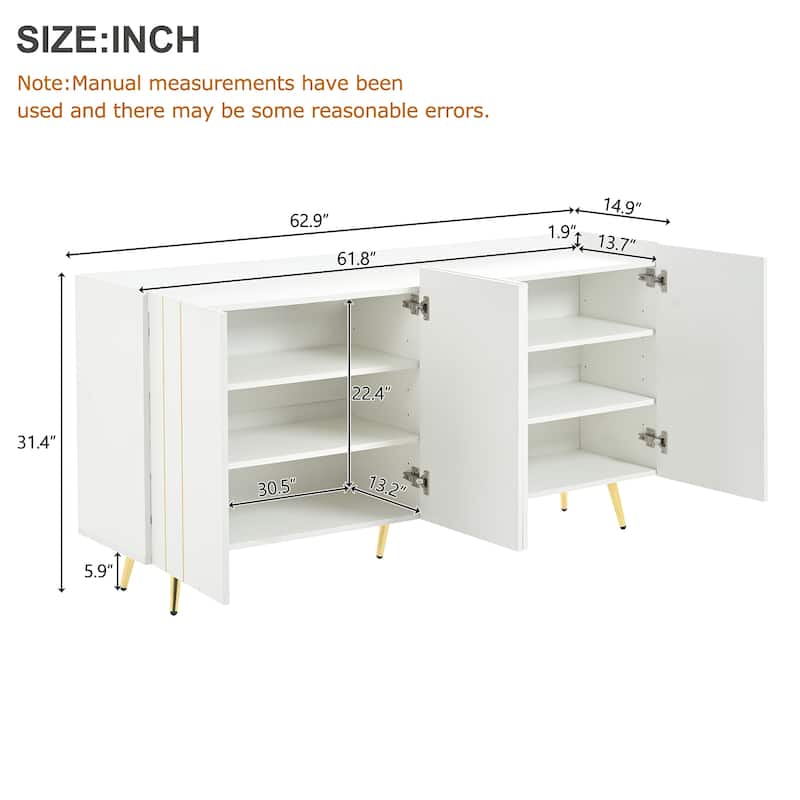 62.9" TV Stand with Metal Legs, Adjustable Shelves & Gold Line Doors for TVs Up to 70"