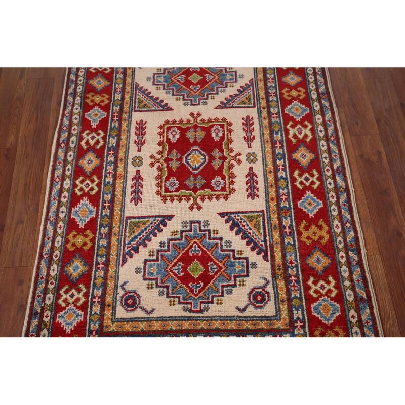 Geometric Kazak Oriental Foyer Rug Hand-Knotted Beige Wool Carpet - 2'9" x 4'3"