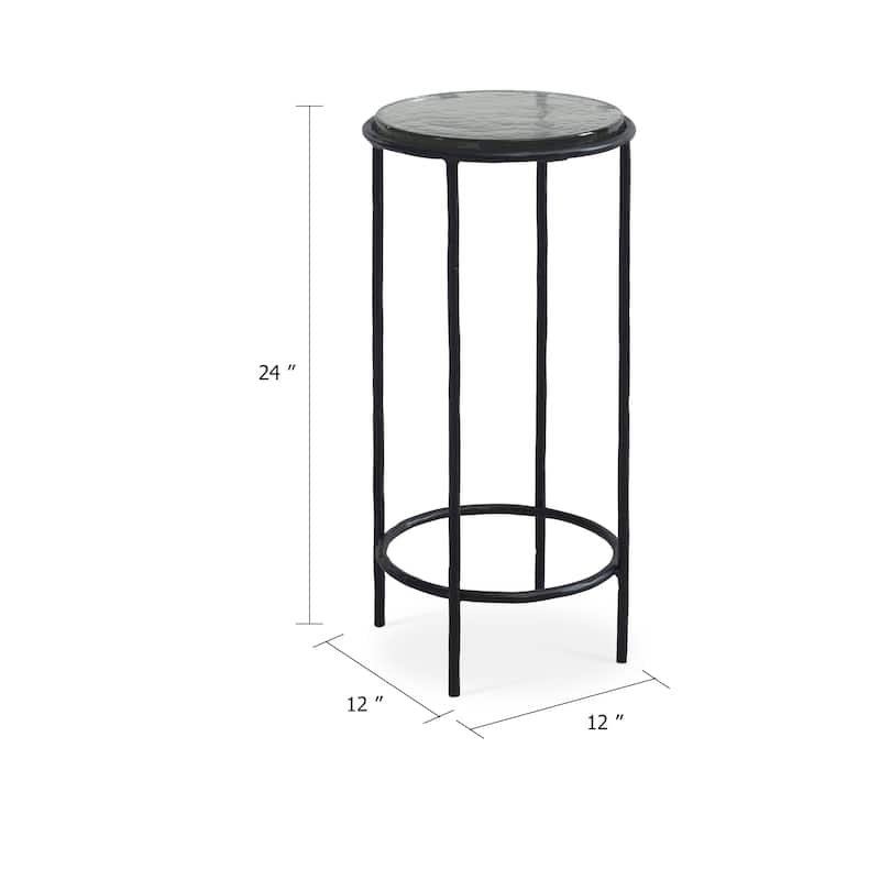 Hex Accent Table, 12 Inch Round Recycled Glass Top, Black Iron Frame
