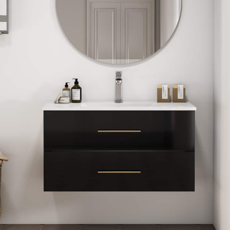 36-Inch Gloss Wall-Mounted Bathroom Vanity with Sink Combo,Double Drawers,Ceramic Sink, Long Gold Metal Handle - Black