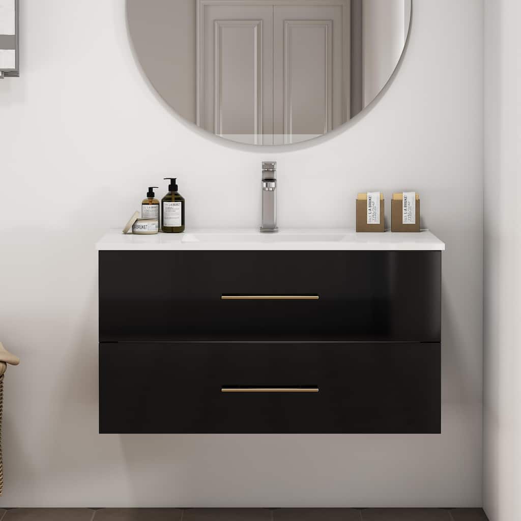 36-Inch Gloss Wall-Mounted Bathroom Vanity with Sink Combo,Double Drawers,Ceramic Sink, Long Gold Metal Handle