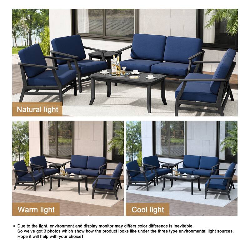 Teak Outdoor Patio Conversation Set with Cushions and Tables (6-Piece)