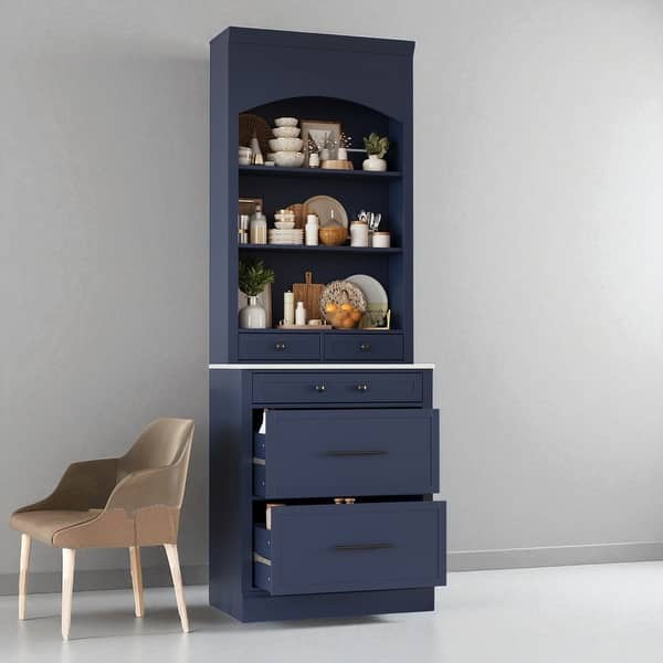 slide 2 of 6, 83.7" Tall Kitchen Pantry Cabinet with Faux Marble Top, 5 Drawers, Adjustable Shelf & Display Hutch Blue