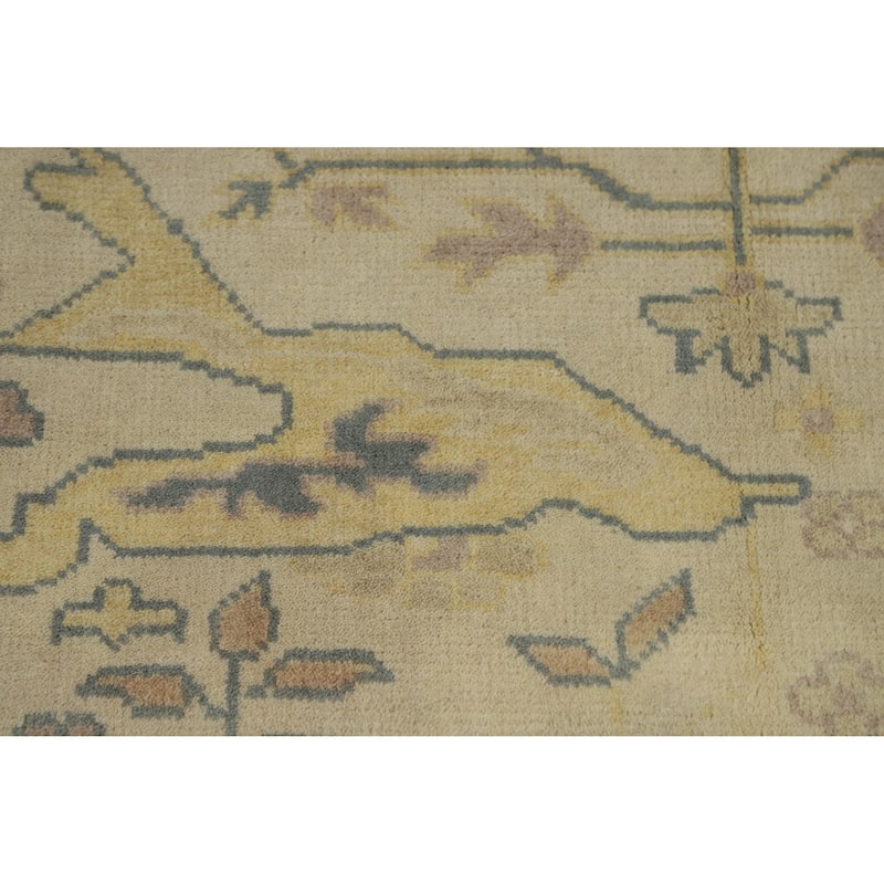 Earth Tone Oushak Style Area Rug Handmade Beige Floral Wool Carpet - 7'9" x 9'10"