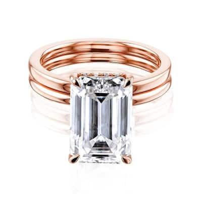 Kobelli Signature Collection 5.65 Carats Moissanite & Diamond 14k Solid Gold Emerald Hidden Halo Plain Bands Elliot Bridal Set