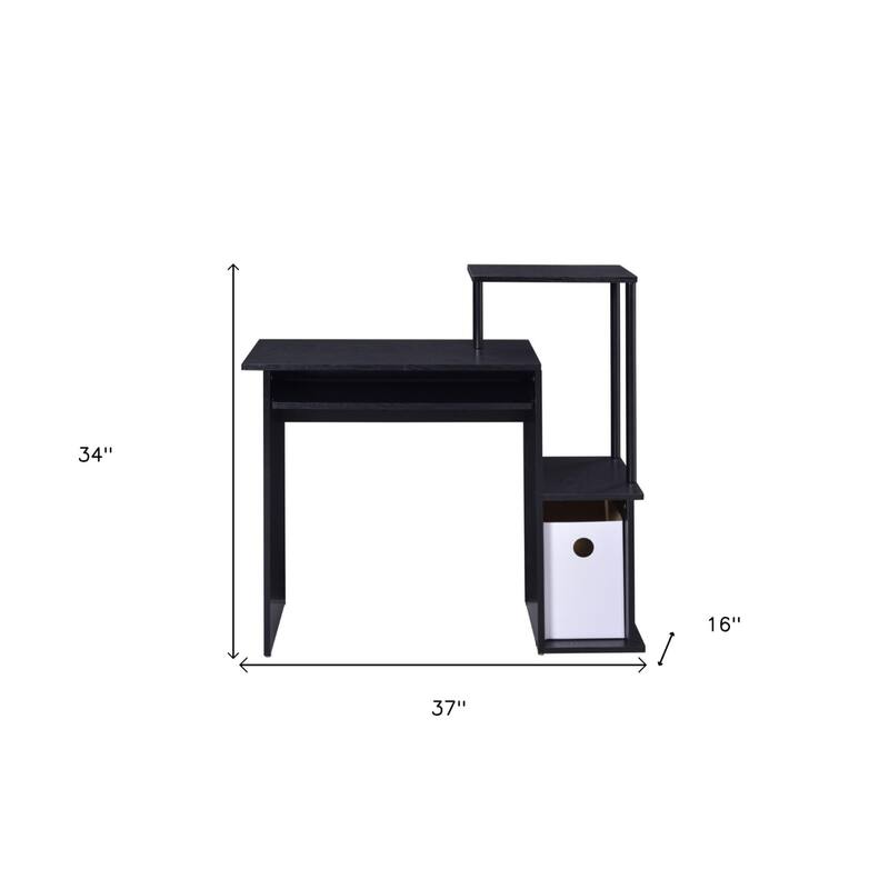 37" Black Metal and Wood Computer Desk with Keyboard Tray and Shelf Modern Design for Small Rooms