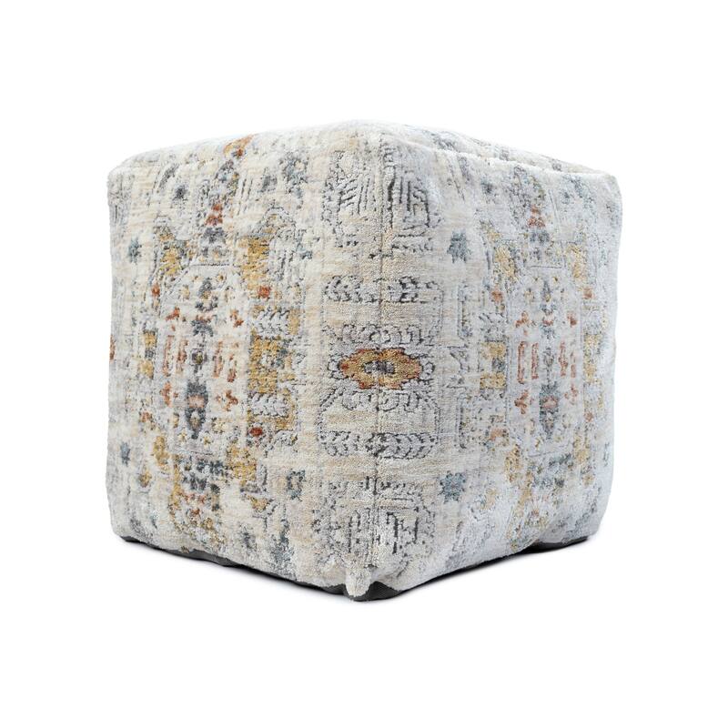 HomeRoots 18" Ivory and Light Gray Upholstered Medallion Pouf Ottoman