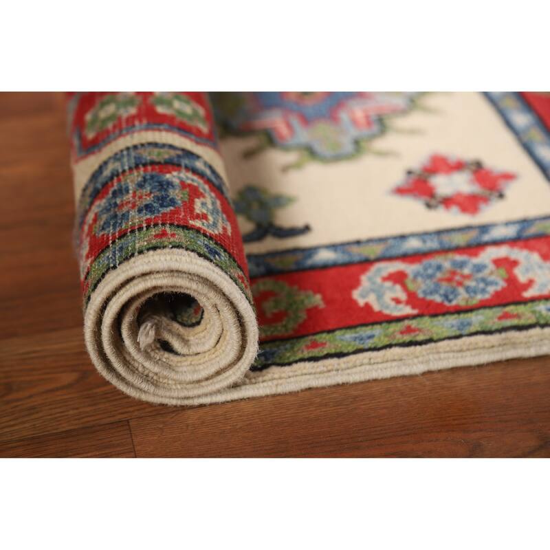 Ivory Geometric Kazak Oriental Foyer Rug Hand-Knotted Wool Carpet - 2'0"x 3'0" - 2'0"x 3'0" - Ivory/Beige