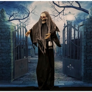 Life-Size Animatronic Skeleton Reaper with Lights and Sound, Indoor/Covered Outdoor Halloween Decoration