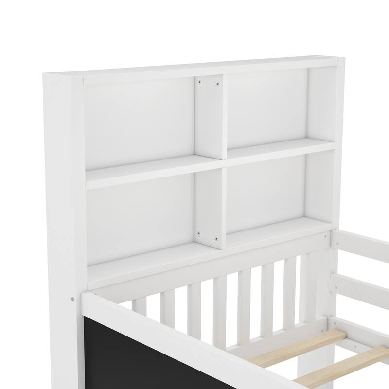 Childlike Fun Solid Wood Low-profile Platform Bed Storage Bed Frame with Side Chalkboard, Open Shelves, Drawers and Guardrails