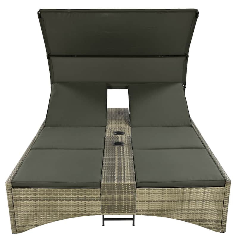 MERAX Outdoor Rattan Sun Lounger with Shelter Roof, Adjustable Backrest