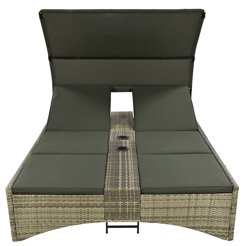 Outdoor Patio Rattan Daybed Sunbed with Canopy and Adjustable Backrest, Storage Box and 2 Cup Holders