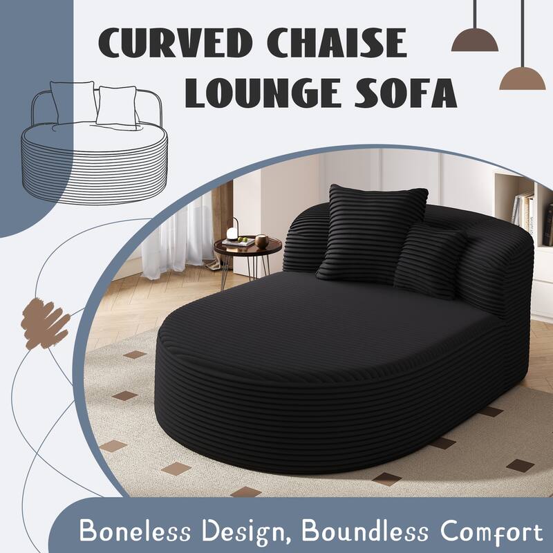 Curved Chaise Lounge Sofa with 2 Pillows, Corduroy Upholstered Sofa Bed Extra-deep Seat Single Sofa Recliners Boneless Couch - Black