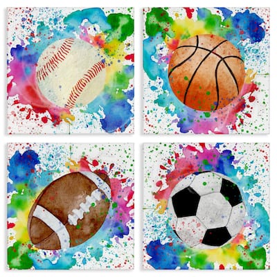 Stupell Rainbow Splatter Baseball Canvas Wall Art Design By Kim Allen (Set of 4)