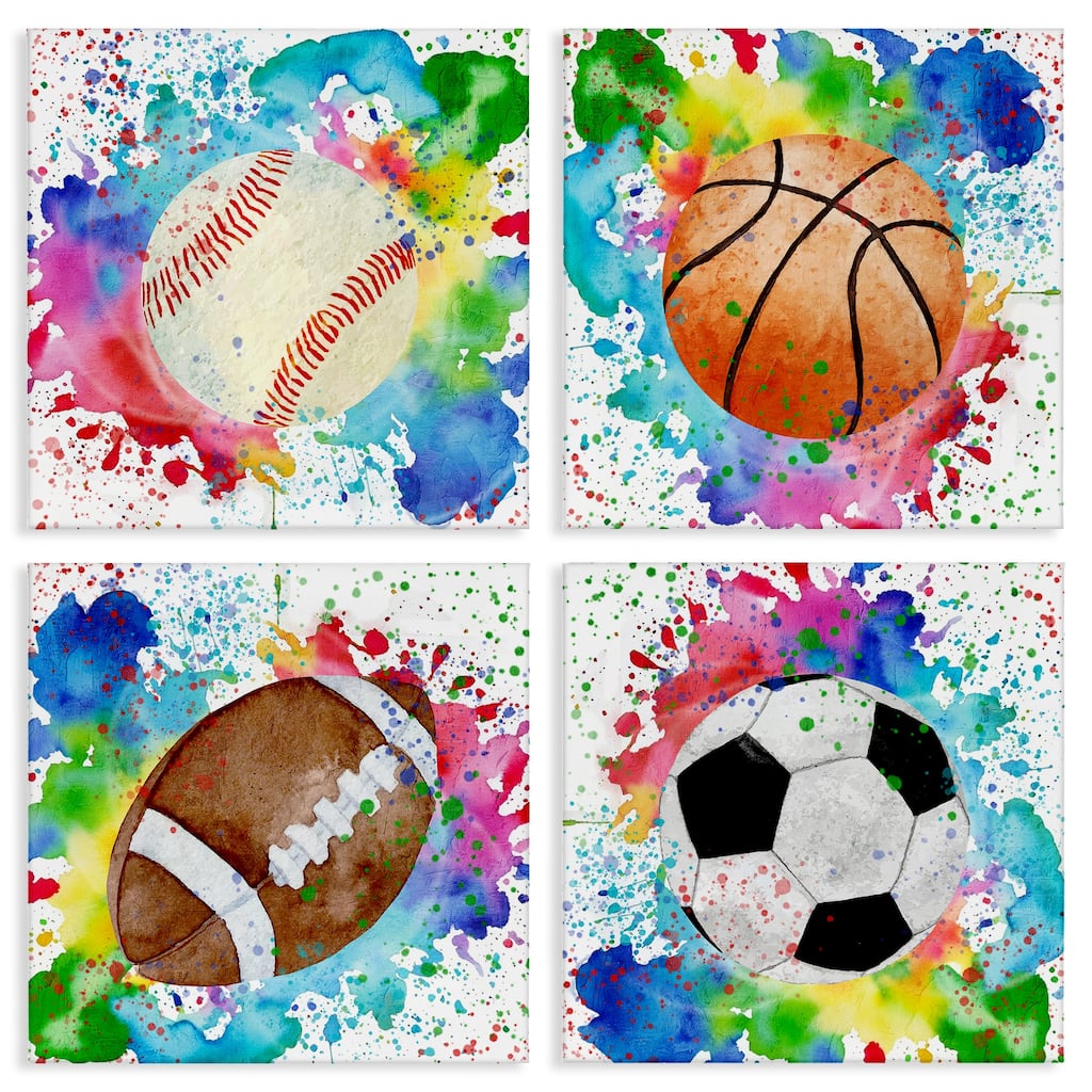 Stupell Rainbow Splatter Baseball Canvas Wall Art Design By Kim Allen (Set of 4)