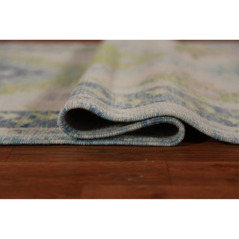 Hand Knotted Oriental 100% Wool Carpet Transitional Geometric Navy Blue & Blues Oushak Runner Rug - 13' 1'' X 3' 4''