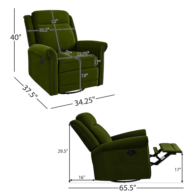 Home Theater Swivel Recliner Chair, Manual Rocking Nursery Rocker w/Adjustable Backrest Rolled Arms Lounge Chair with Rivet Trim