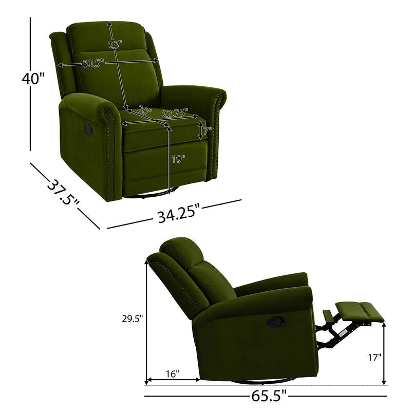 Roomfitters 360 Degree Swivel Rocking Recliner Chair with Adjustable Backrest, Velvet Nursery Glider