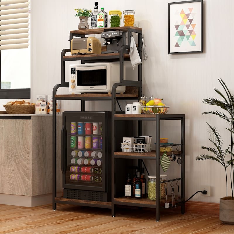 Multifunctional 7-Tier Mini Fridge & Microwave Stand with 2 AC/2 USB Outlets - Coffee Bar & Bakers Rack Storage Shelf
