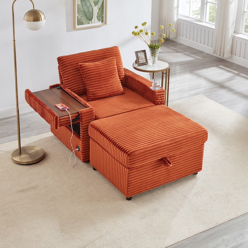Fluffy Corduroy Lazy Sofa Chaise Lounge with Accent Chair, Storage Ottoman, Folding Table Board, Cup Holder and USB