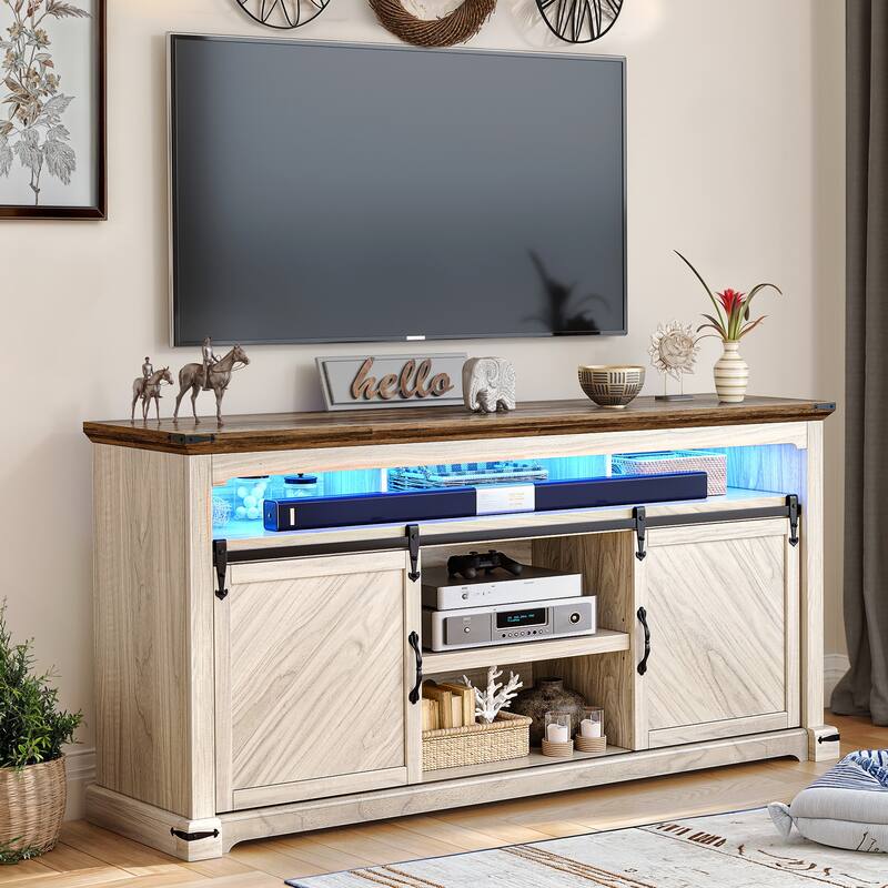 Moasis Farmhouse TV Stand for TV up to 75" Sliding Barn Door Media Console with LED Lights